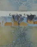 Keith Joubert, Wildebeest and Baobab, oil on canvas