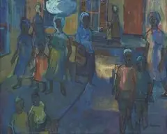 James Thackwray, Figures in a Street, District Six, oil on canvas laid down on board