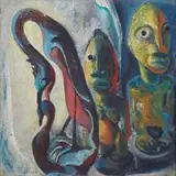 Judith Gluckman, African Statues and Birds, oil on board