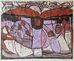 Dan Rakgoathe, Mystic Ritual, 1978, colour linocut