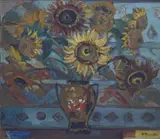 Alice Tennant, Still Life with Sunflowers in a Dutch Vase, oil on board