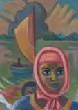 Portrait of a Mother and Child, Boat and Sun's Rays in the Background by Maggie Laubser, oil on board, offered Nov 2013