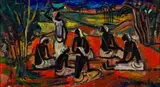 Congolese Figures in a Clearing by Maurice van Essche, oil on board, sold May 2013