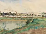 Landscape with Dam and Smoke Stack in the Distance by Maud Sumner, watercolour, sold May 2013