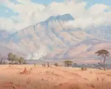 Transvaal Landscape with Figures by Willem Hermanus Coetzer, oil on canvas board, sold May 2013