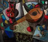 Hennie Niemann Snr, Still Life with Mandolin and Pomegranate, oil on board