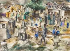 Ephraim Ngatane, Township Scene, watercolour and ink