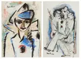 Clown in Blù; Clown Playing a Mandolin, two by Carl Büchner, oil on paper, sold May 2013