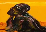 Robert Hodgins, Man Considers his Fate, tempera and oil on pressed board in the artist's handmade and painted frame
