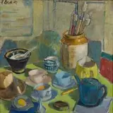 Freida Lock, Still Life with Tea Setting and Paint Brushes