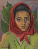 Portrait of a Woman with a Head Scarf, Leaves in the Background by Maggie Laubser, oil on board, sold May 2013