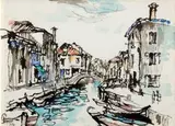 Venetian Canal with Gondolas by Gregoire Boonzaier, pen, ink and watercolour, sold Nov 2012