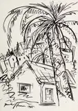 Irma Stern, Village Scene with Palm Trees, Zanzibar, ink and wash