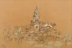 The Bell Tower by Gregoire Boonzaier, pen, ink and watercolour, sold Nov 2012