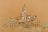 The Bell Tower by Gregoire Boonzaier, pen, ink and watercolour, sold Nov 2012