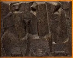 Three Figures by Edoardo Villa, bronze plaque with a dark brown patina, sold Nov 2012
