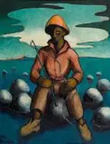 Seated Figure Amongst White Stones by Johannes Meintjes, oil on board, sold Nov 2012