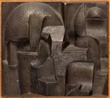 Edoardo Villa, Masks, bronze plaque with a dark brown patina