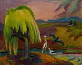Landscape with Tree, Birds and Distant House by Maggie Laubser, oil on board, sold Nov 2012