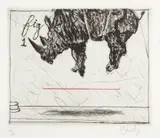 William Kentridge, Three Rhinos: Fig 1. Crowd Pleaser, drypoint etching with red pastel on Hahnemuhle paper