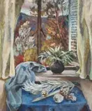 Maud Sumner, A Vase with Foliage Before an Open Window, oil on board