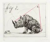 William Kentridge, Three Rhinos: Fig. 2 Dunce, drypoint etching with red pastel on Hahnemuhle paper