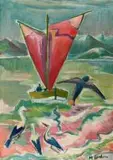 Boat and Birds in a Seascape by Maggie Laubser, oil on canvas laid down on board, sold Nov 2012