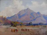 Cattle in a Mountainous Landscape by Allerley Glossop, oil on board, sold Nov 2011