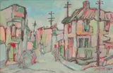 A Street with Four Figures and Four Lamposts, District Six by Gregoire Boonzaier, oil on board, sold Nov 2011