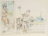 Pupil Pilot Reitz, son of Deneys Reitz, practising on the Morse buzzer. Wonderboom Air School, Pretoria by Walter Battiss, pen and watercolour and wash, sold Nov 2011