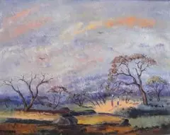 Simon Moroke Lekgetho, Figures Amongst Trees, oil on canvasboard