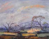 Simon Moroke Lekgetho, Figures Amongst Trees, oil on canvasboard