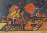 Speelman Mahlangu, Three African Figures Resting Outside a Hut
