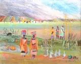 Catherine Paynter, A Transkei Landscape with Mothers and Children, acrylic on canvas