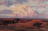 A Farmhouse in an Extensive Landscape with an Approaching Storm by Jacobus Hendrik Pierneef, oil on board, offered Nov 2011