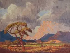 Jacobus Hendrik Pierneef, A Mountain Landscape with an Acacia Tree, oil on canvas