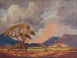 A Mountain Landscape with an Acacia Tree by Jacobus Hendrik Pierneef, oil on canvas, sold Nov 2011