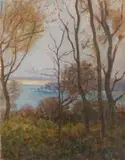 Bertha Everard, Trees and Sea, England, oil on canvas