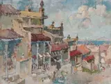 Red Roofs, Clouds and Table Bay by Gregoire Boonzaier, oil on board, sold Nov 2011