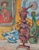 A Still Life with a Samovar by Gregoire Boonzaier, oil on board, offered Nov 2011