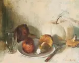 Irmin Henkel, A Still Life with Mushrooms and a Pumpkin, oil on canvas