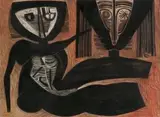 Cecil Skotnes, Two Figures, carved, painted and incised wood panel