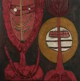 Cecil Skotnes, Two Figures, carved, painted and incised wood panel