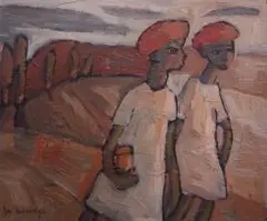 Iris Ampenberger, Off to Town, oil on canvasboard