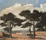 Nita Spilhaus, A Cape Cottage in a Landscape with Trees