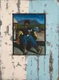 Willie Bester, Young Boy with Cat, oil on canvasboard, in a painted metal frame