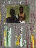 Willie Bester, A Game of Cards, oil on canvasboard, in a painted metal frame