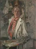 Dorothy Kay, Self Portrait with Red and White Scarf, oil on canvas