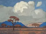 Landscape with Clouds, recto, Mountainous Landscape, verso by Jacobus Hendrik Pierneef, oil on board, sold Sep 2011