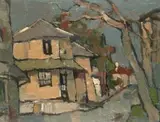 Yellow House on the Corner by Gregoire Boonzaier, oil on canvasboard, sold Sep 2011
